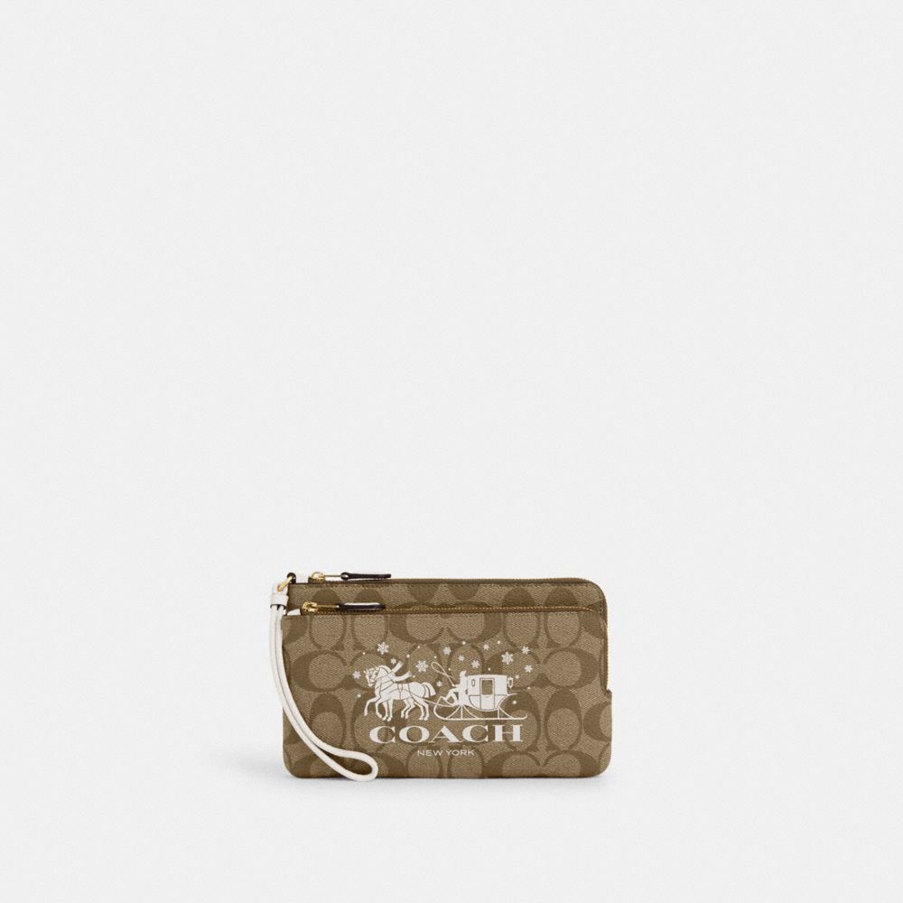 COACH®,DOUBLE ZIP WALLET IN SIGNATURE CANVAS WITH HORSE AND SLEIGH,Signature Canvas,Mini,Gold/Khaki/Chalk,Front View