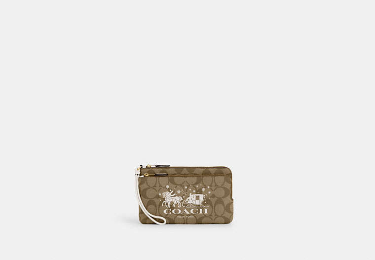 COACH®,DOUBLE ZIP WALLET IN SIGNATURE CANVAS WITH HORSE AND SLEIGH,Coated Canvas,Mini,Gold/Khaki/Chalk,Front View