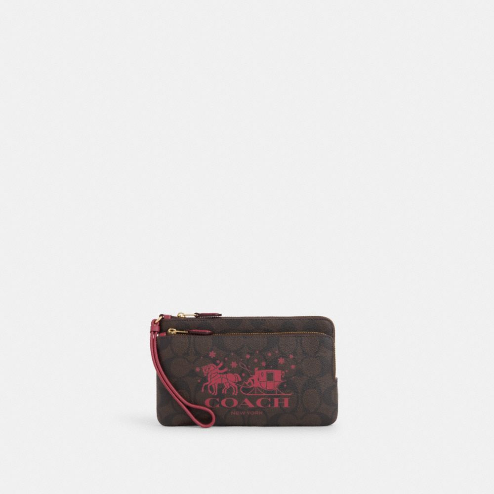 COACH®,DOUBLE ZIP WALLET IN SIGNATURE CANVAS WITH HORSE AND SLEIGH,Signature Canvas,Mini,Im/Brown/Rouge,Front View