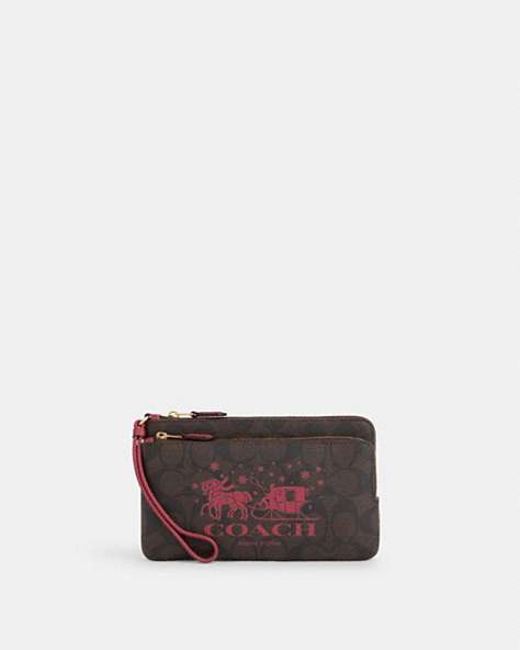 COACH®,DOUBLE ZIP WALLET IN SIGNATURE CANVAS WITH HORSE AND SLEIGH,Coated Canvas,Mini,Im/Brown/Rouge,Front View