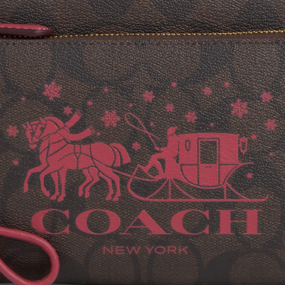 COACH®,DOUBLE ZIP WALLET IN SIGNATURE CANVAS WITH HORSE AND SLEIGH,Signature Canvas,Mini,Im/Brown/Rouge