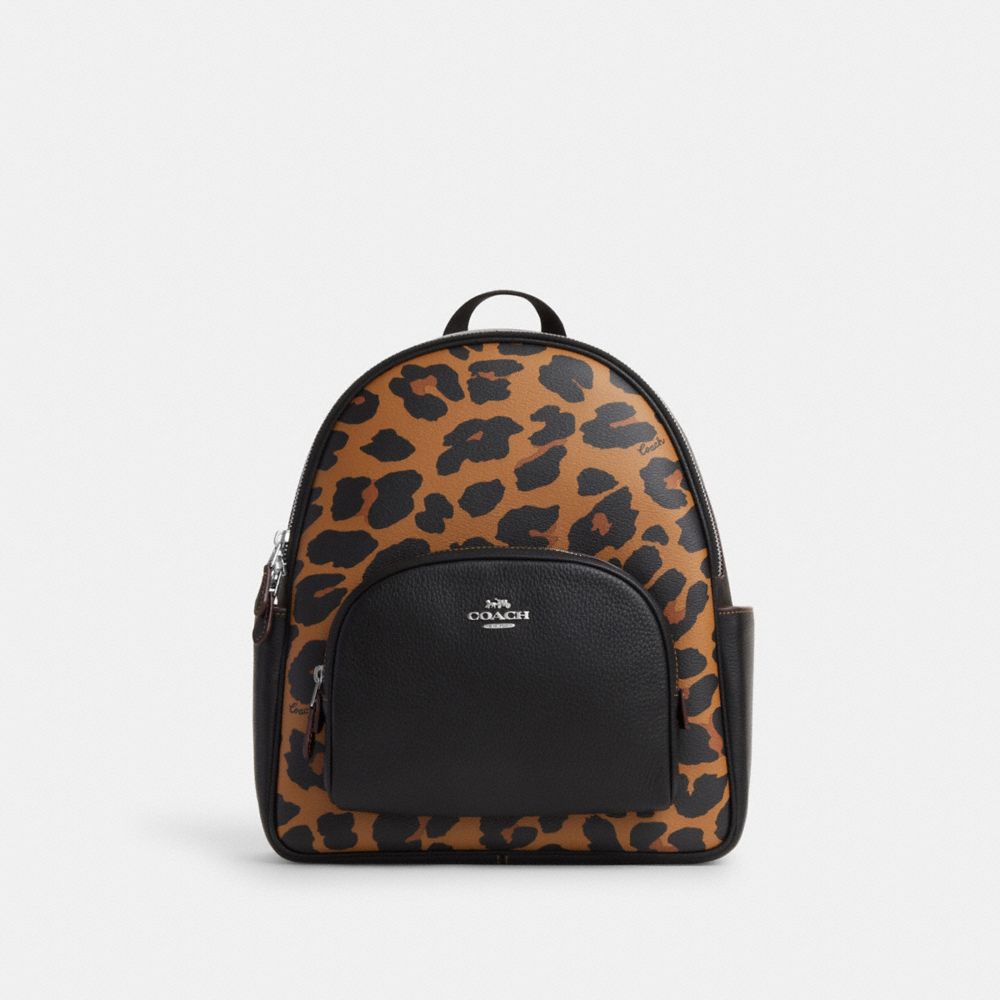 COACH®,COURT BACKPACK WITH SIGNATURE CANVAS AND LEOPARD PRINT,Signature Canvas,Medium,Silver/Light Saddle Multi,Front View