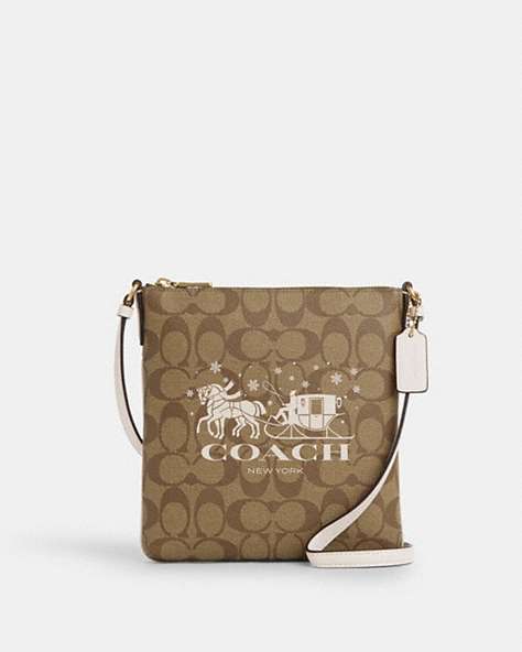 COACH®,MINI ROWAN FILE BAG IN SIGNATURE CANVAS WITH HORSE AND SLEIGH,Coated Canvas,Mini,Gold/Khaki/Chalk,Front View