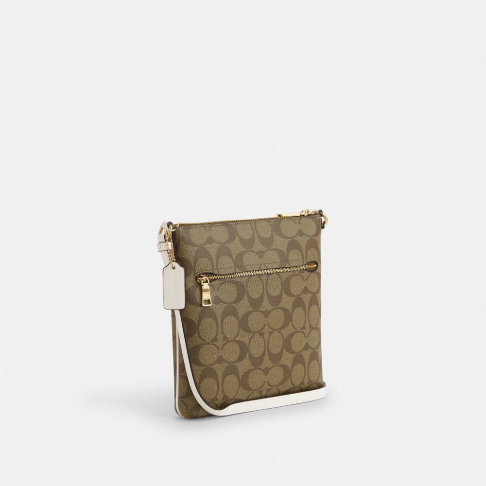 COACH®,MINI ROWAN FILE BAG IN SIGNATURE CANVAS WITH HORSE AND SLEIGH,Signature Canvas,Mini,Gold/Khaki/Chalk,Angle View