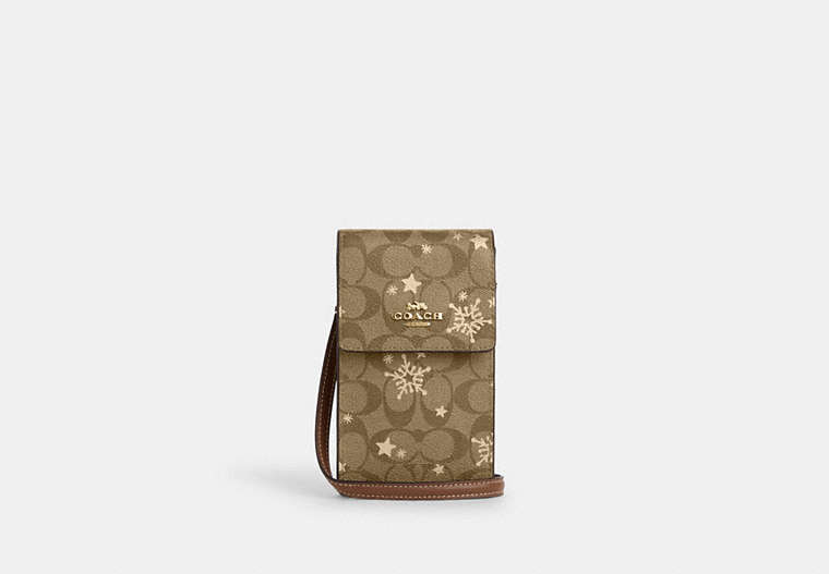 COACH®,NORTH SOUTH PHONE CROSSBODY IN SIGNATURE CANVAS WITH STAR AND SNOWFLAKE PRINT,Coated Canvas,Mini,Im/Khaki Saddle/Gold Multi,Front View image number 0