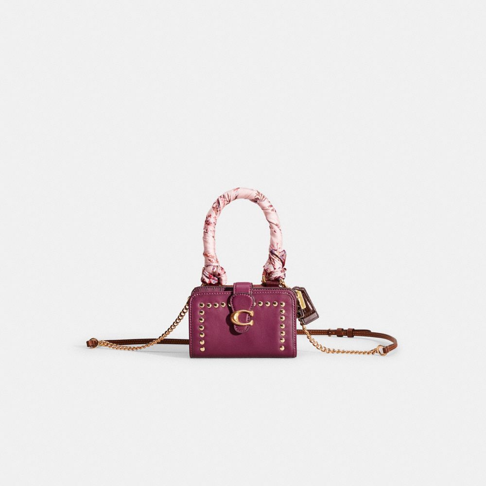 COACH®,Upcrafted Top Handle Creation,Leather,Crossbody,Bi Fold,Pattern,Studded,Chain Detail,Logo,Metal,Embellished,Sustain...,Maroon,Front View