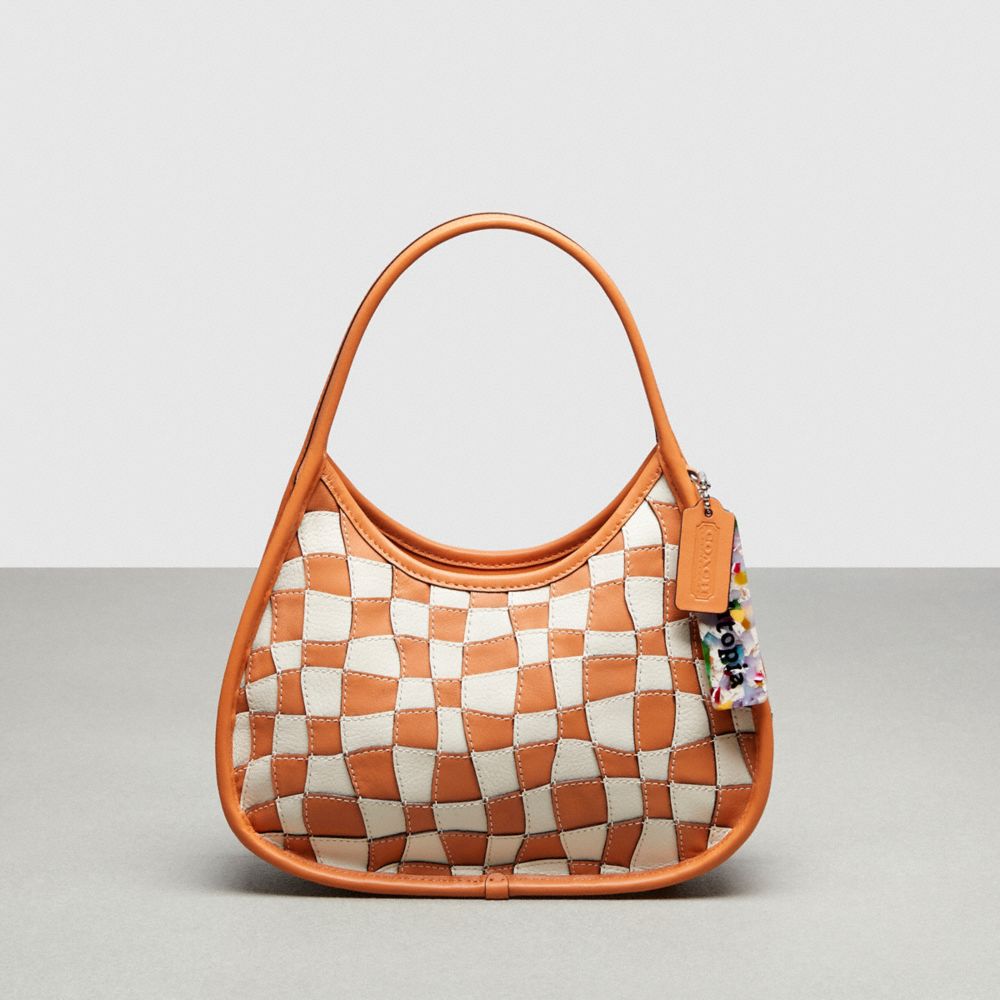 COACH®,Ergo Bag In Wavy Checkerboard Upcrafted Leather,Upcrafted Leather™,Small,Faded Orange/Chalk,Front View