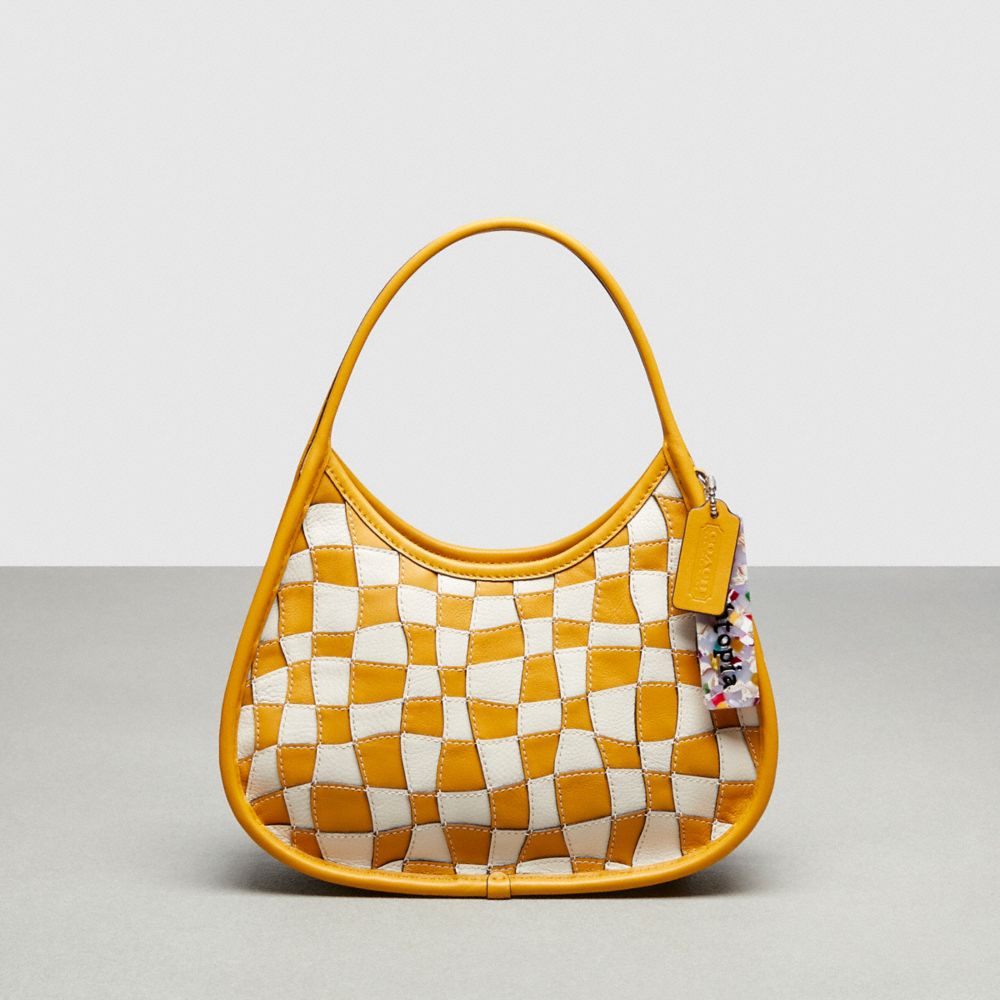 COACH®,Ergo Bag In Wavy Checkerboard Upcrafted Leather,Upcrafted Leather™,Small,Chalk/Buttercup,Front View