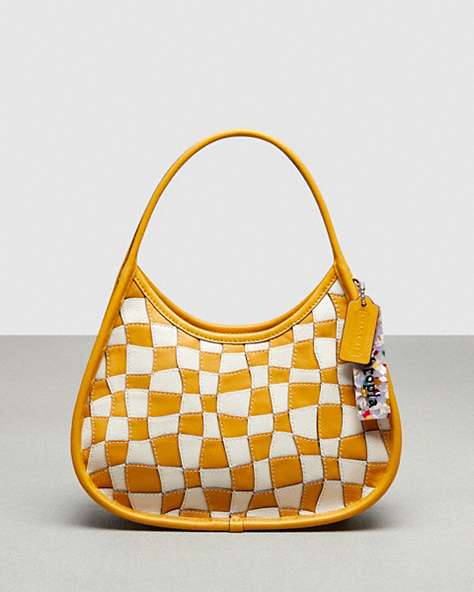 COACH®,Ergo Bag In Wavy Checkerboard Upcrafted Leather,Upcrafted Leather™,Small,Chalk/Buttercup,Front View