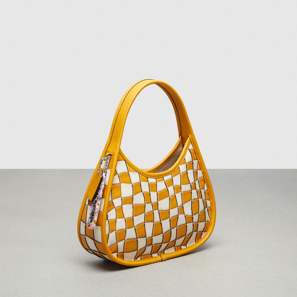 COACH®,Ergo Bag In Wavy Checkerboard Upcrafted Leather,Upcrafted Leather™,Small,Chalk/Buttercup,Angle View