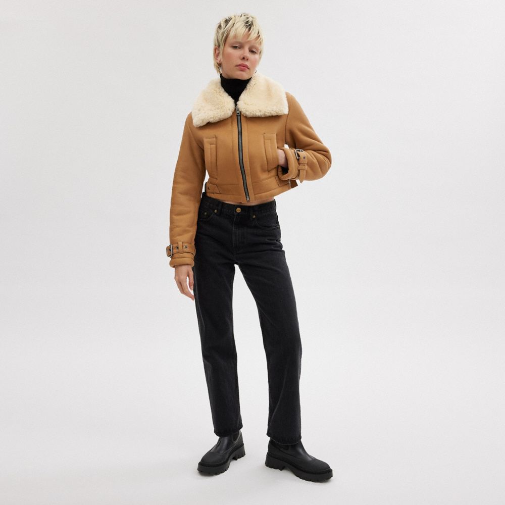 COACH®,CROPPED SHEARLING AVIATOR,Brown/Multi,Scale View