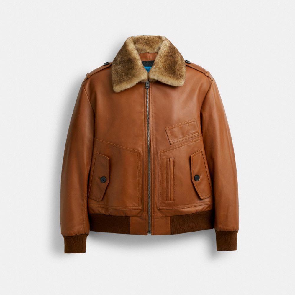 COACH®,THE LIL NAS X DROP SHEARLING UTILITY BOMBER JACKET,Leather,Brown,Front View