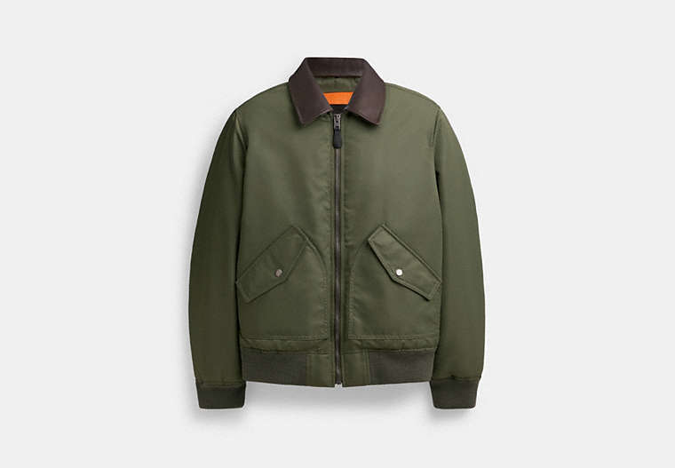 COACH®,WOVEN JACKET WITH LEATHER COLLAR,Polyamide,Green,Front View image number 0