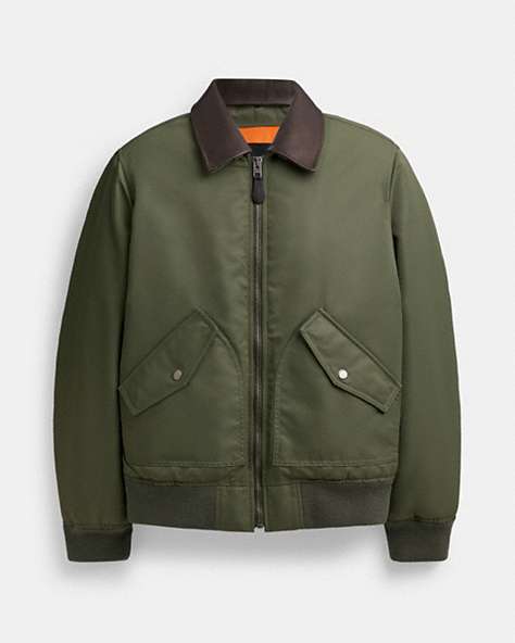 COACH®,WOVEN JACKET WITH LEATHER COLLAR,Polyamide,Green,Front View