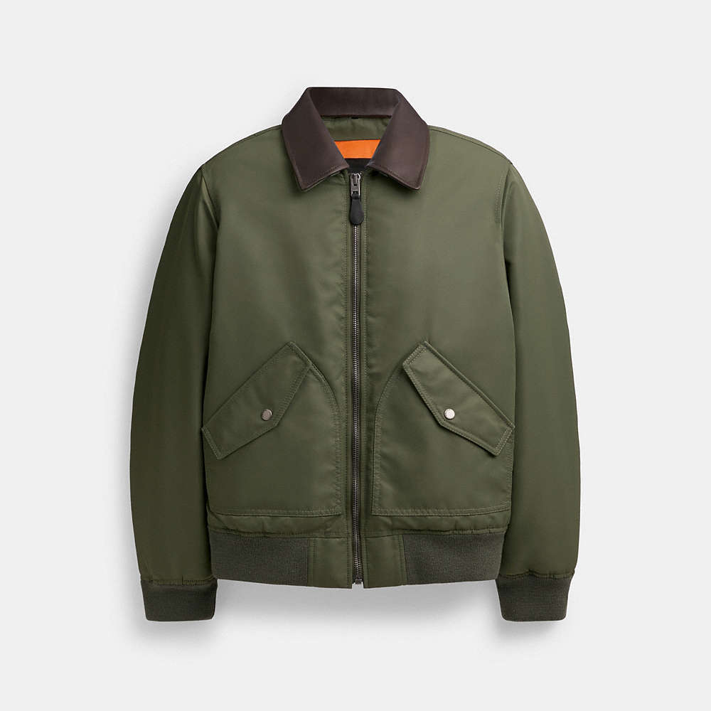 Coach Woven Jacket With Leather Collar In Green