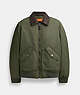 COACH®,WOVEN JACKET WITH LEATHER COLLAR,Polyamide,Green,Front View