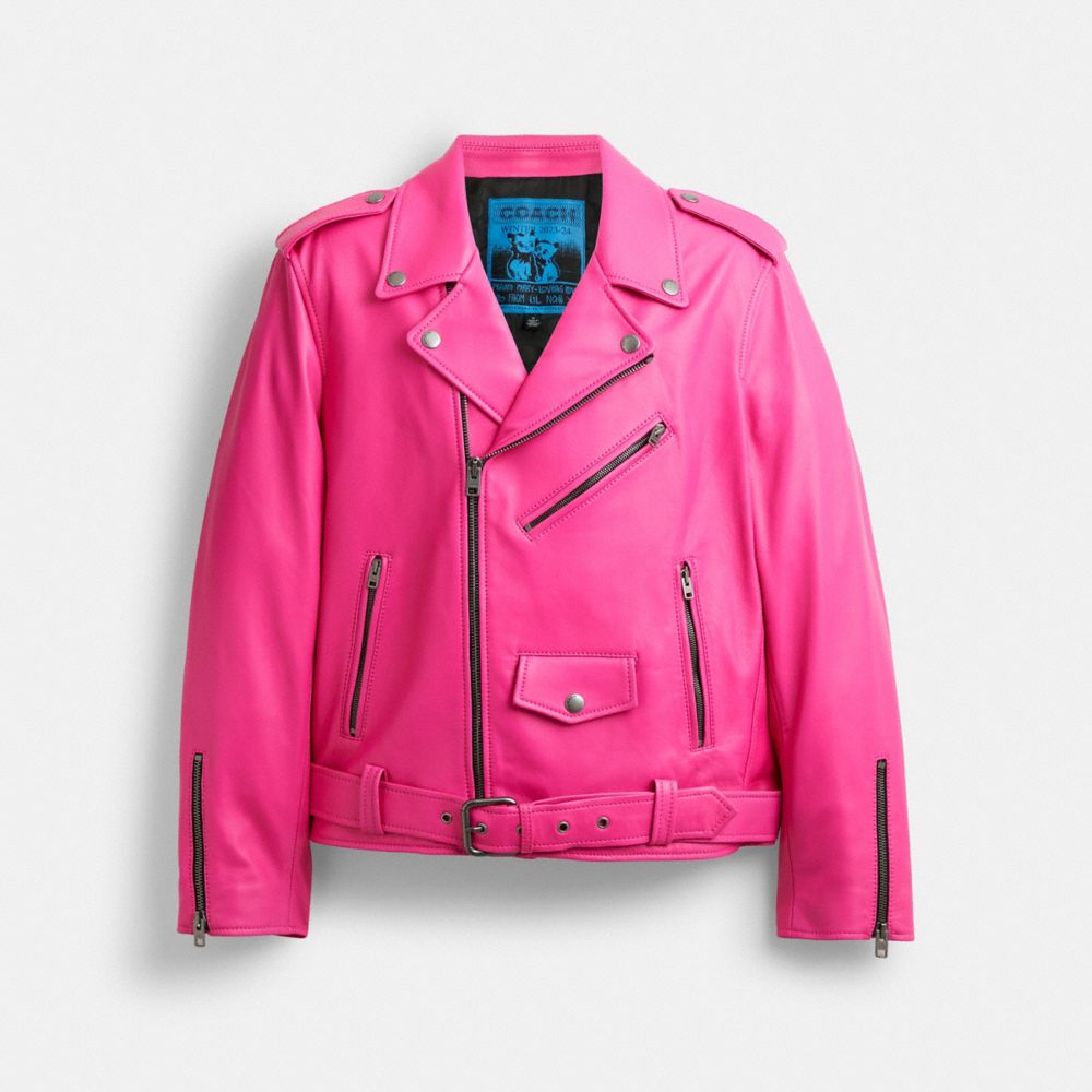 COACH®,THE LIL NAS X DROP BIKER JACKET,sheep leather,Bright Fuschia,Front View