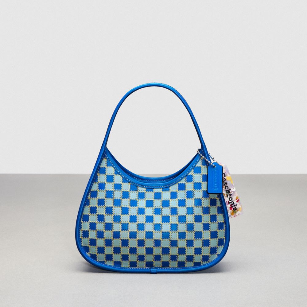 COACH®,Ergo Bag in Mini Checkerboard Upcrafted Leather,Upcrafted Leather™,Small,Checkerboard,Bright Blue/Powder Blue,Front View