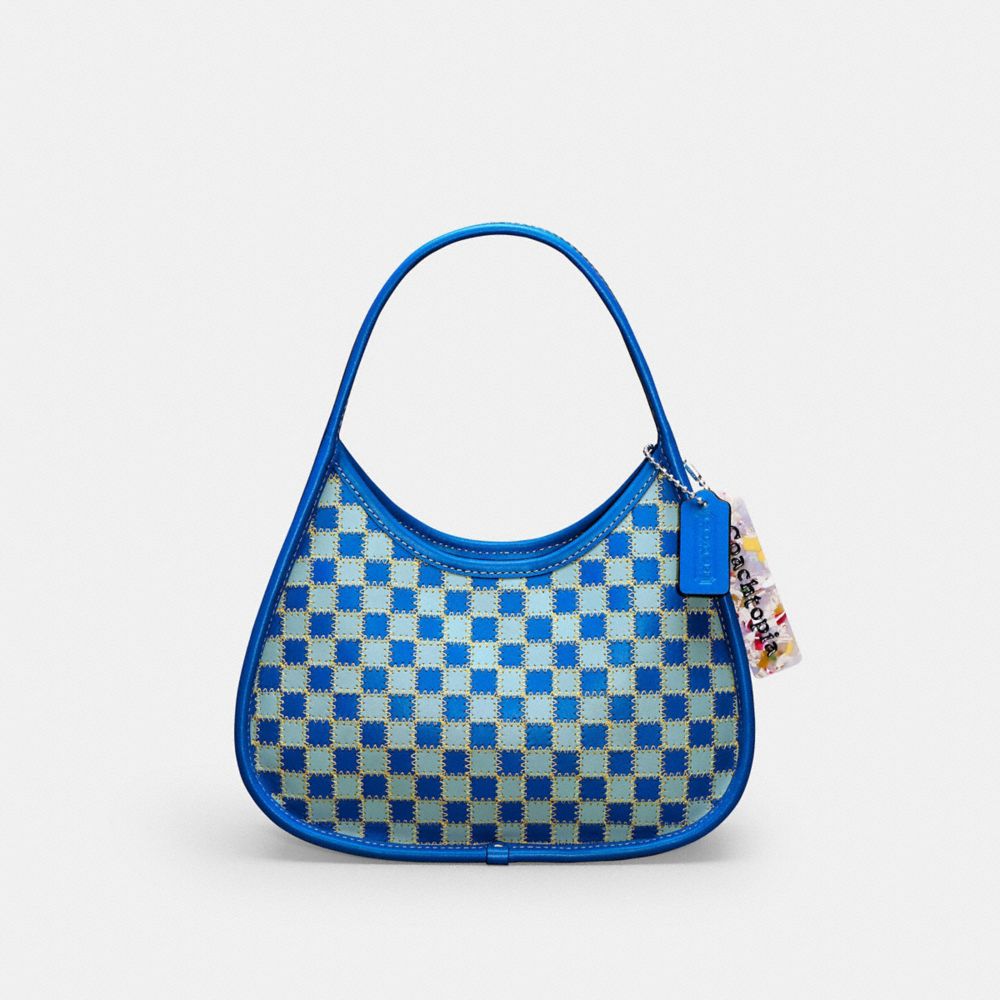 COACH®,Ergo Bag in Mini Checkerboard Upcrafted Leather,Upcrafted Leather™,Small,Checkerboard,Bright Blue/Powder Blue,Front View