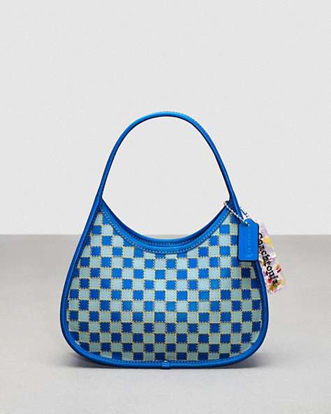 COACH®,Ergo Bag in Mini Checkerboard Upcrafted Leather,Upcrafted Leather™,Small,Checkerboard,Bright Blue/Powder Blue,Front View