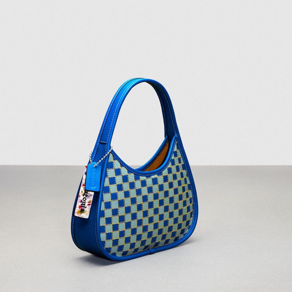 COACH®,Ergo Bag in Mini Checkerboard Upcrafted Leather,Upcrafted Leather™,Small,Checkerboard,Bright Blue/Powder Blue,Angle View