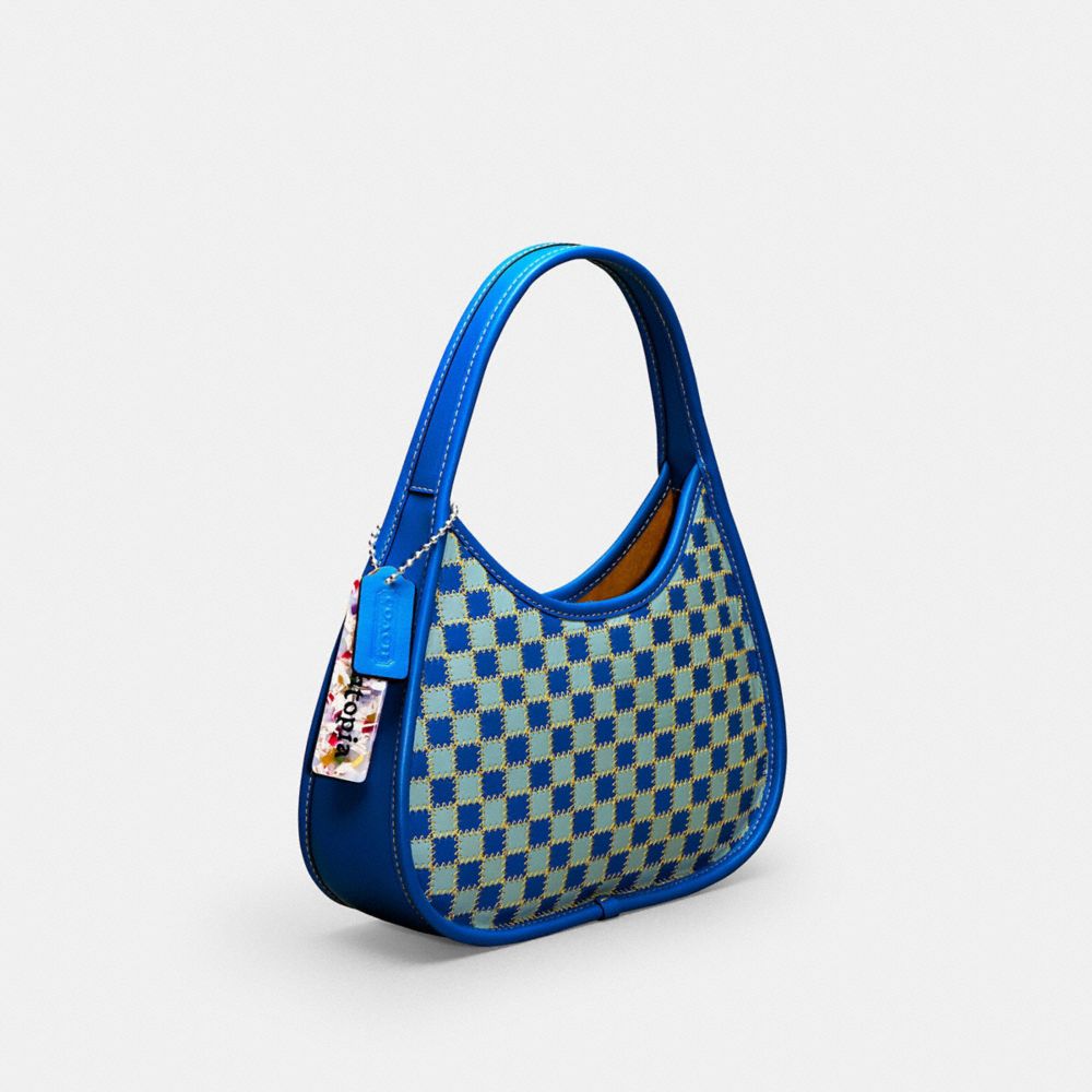 COACH®,Ergo Bag in Mini Checkerboard Upcrafted Leather,Upcrafted Leather™,Small,Checkerboard,Bright Blue/Powder Blue,Angle View