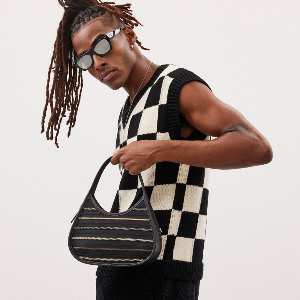 COACH®,Ergo Bag With Upcrafted Zippers,Leather,Acrylic,Shoulder Bag,Plastic,Embossed,Logo,Piping,Day Party,Black,Detail View