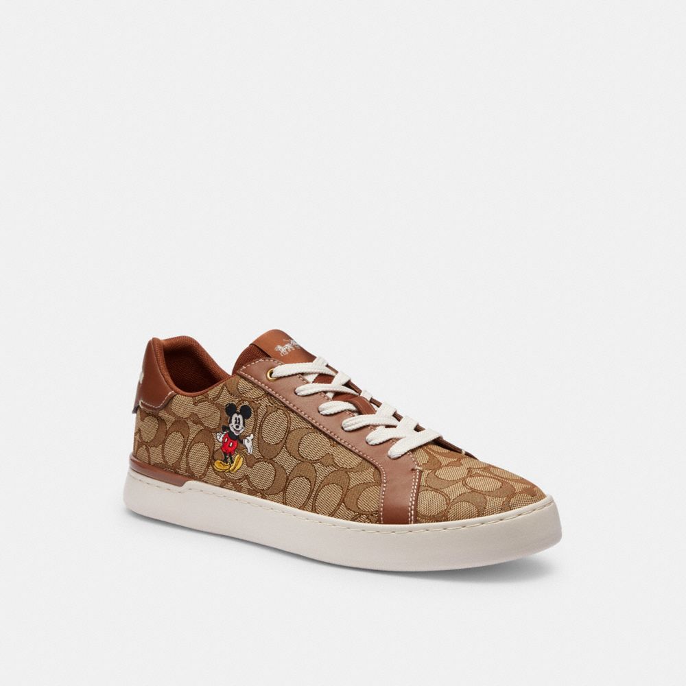 COACH®,DISNEY X COACH CLIP LOW TOP SNEAKER IN SIGNATURE JACQUARD WITH MICKEY MOUSE,Khaki,Front View