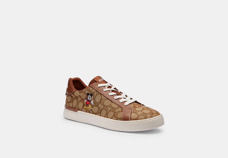 COACH®,DISNEY X COACH CLIP LOW TOP SNEAKER IN SIGNATURE JACQUARD WITH MICKEY MOUSE,Mixed Material,Khaki,Front View
