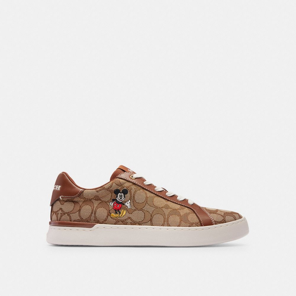COACH®,DISNEY X COACH CLIP LOW TOP SNEAKER IN SIGNATURE JACQUARD WITH MICKEY MOUSE,Khaki,Angle View
