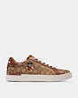 COACH®,DISNEY X COACH CLIP LOW TOP SNEAKER IN SIGNATURE JACQUARD WITH MICKEY MOUSE,Mixed Material,Khaki,Angle View