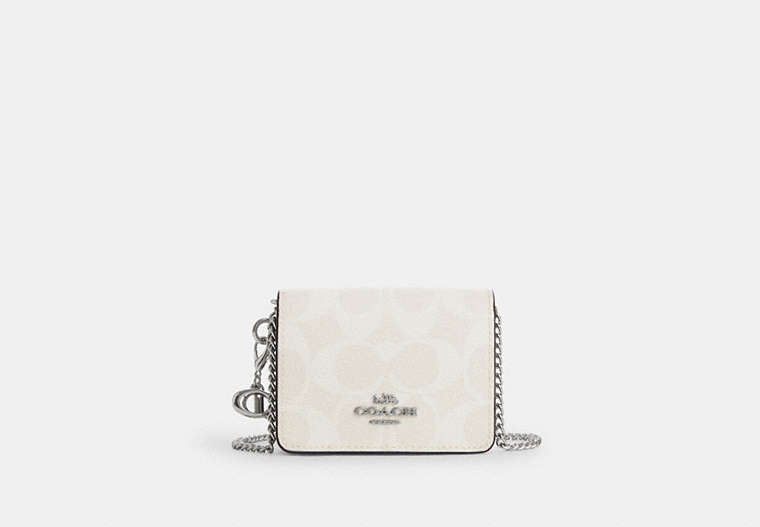 COACH®,BOXED MINI WALLET ON A CHAIN IN SIGNATURE CANVAS,Coated Canvas,Silver/Chalk/Glacier White Multi,Front View