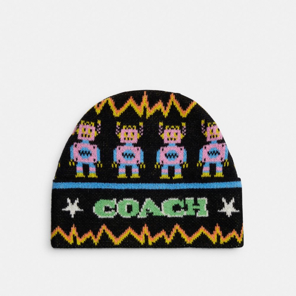 COACH®,【コズミック】 プリント ビーニー,ベルト＆帽子,ﾌﾞﾗｯｸ ﾏﾙﾁｶﾗｰ