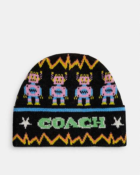 COACH®,COSMIC PRINT BEANIE,wool,Black Multicolor,Front View
