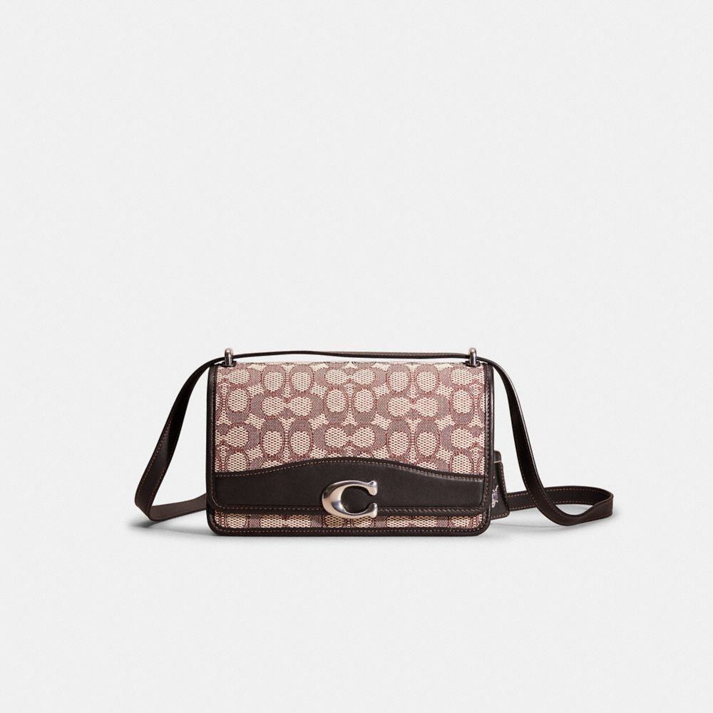 COACH®,RESTORED BANDIT SHOULDER BAG IN SIGNATURE TEXTILE JACQUARD,Glovetanned Leather,Mini,Silver/Cocoa Black,Front View