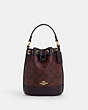 COACH®,DEMPSEY DRAWSTRING BUCKET BAG 15 IN SIGNATURE CANVAS,Coated Canvas,Medium,Gold/Oxblood Multi,Front View