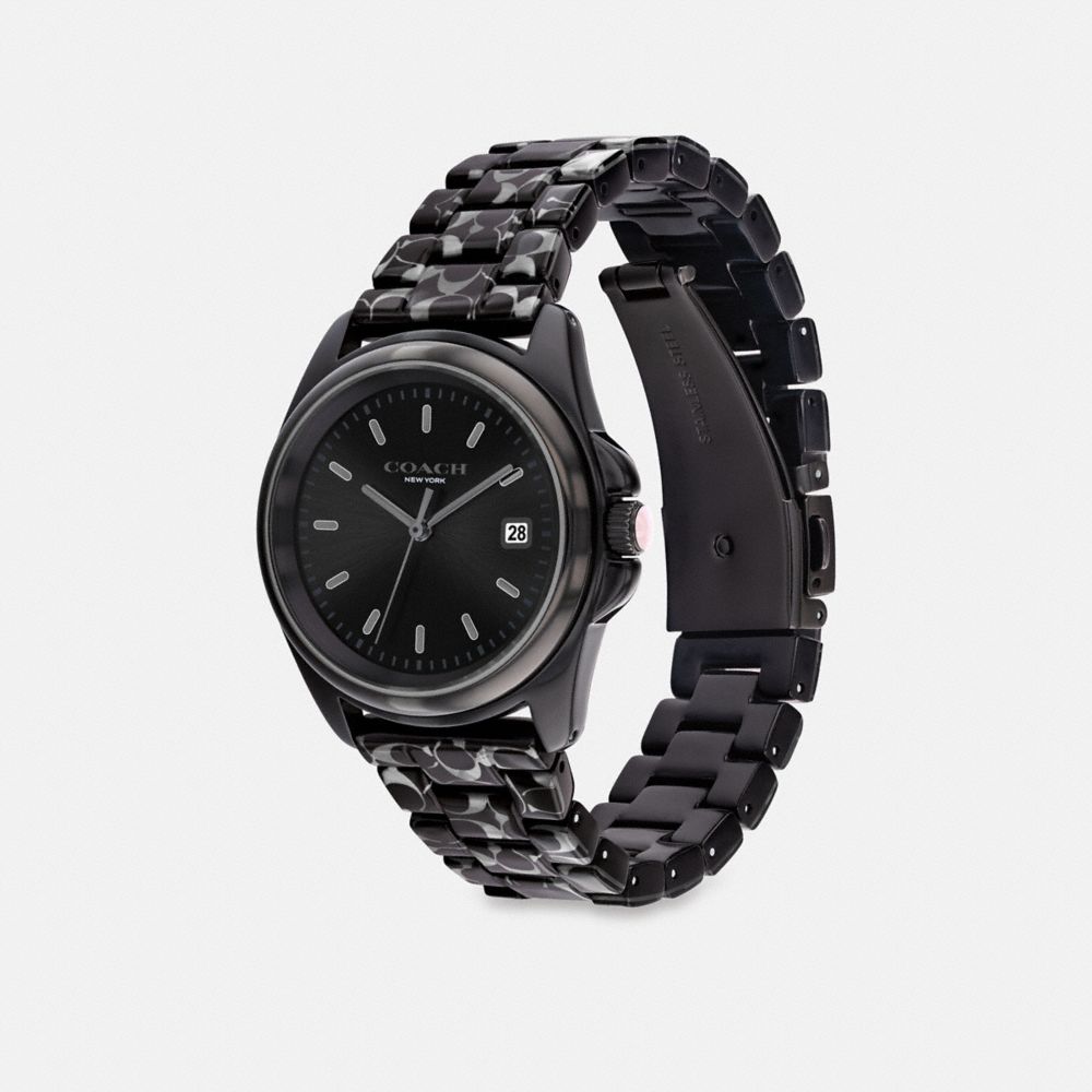 COACH®,GREYSON WATCH, 36MM,Black Signature,Angle View