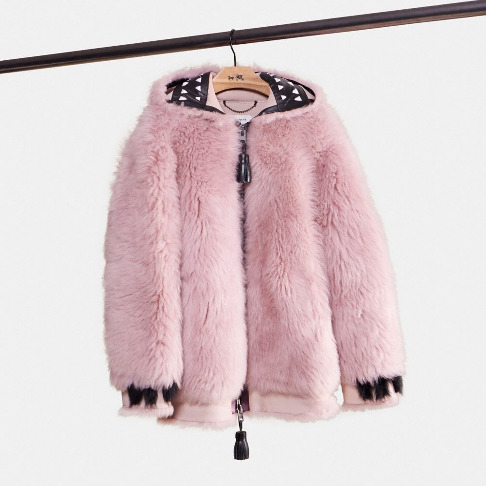 COACH®,UPCRAFTED REXY SHEARLING HOODIE,Shearling,Mauve,Front View