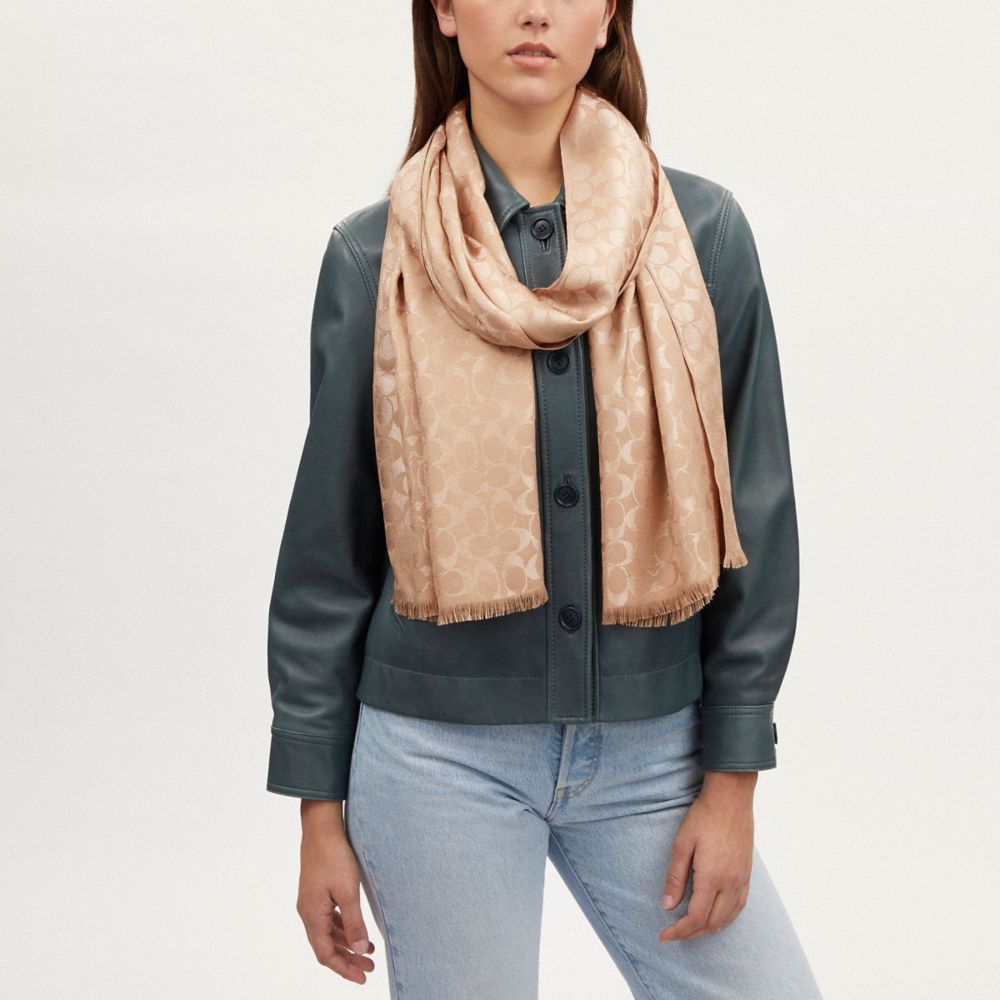 COACH®,Signature Metallic Oblong Scarf,Wool,Viscose,Modal,Rectangle,Frayed,Casual,Beige,Detail View