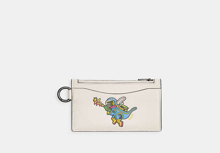 COACH®,COSMIC COACH ZIP CARD CASE WITH REXY,Glovetanned Leather,Pewter/Chalk,Front View