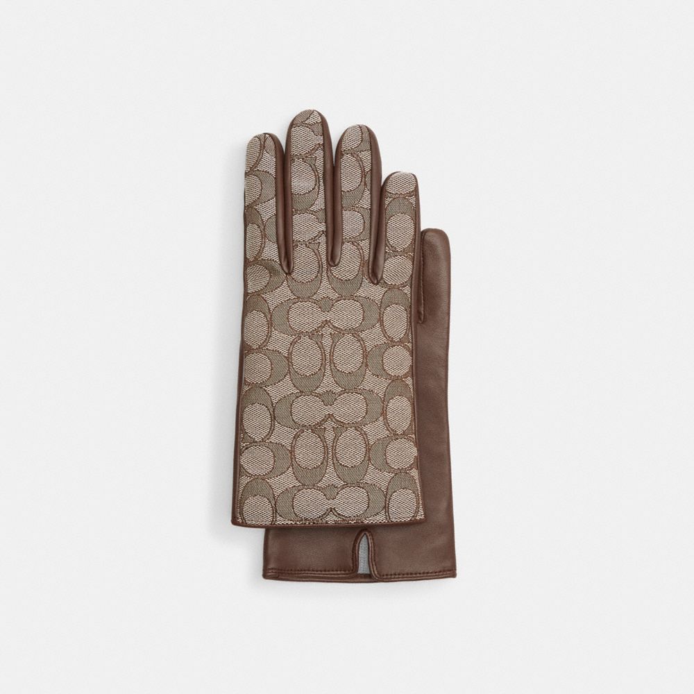 Shop Coach Outlet Signature Jacquard And Leather Tech Gloves In Brown