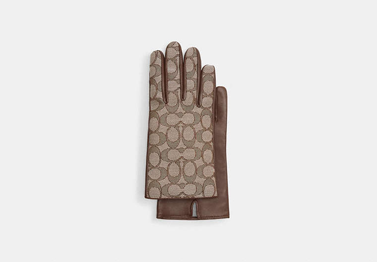 COACH®,SIGNATURE JACQUARD AND LEATHER TECH GLOVES,Oak,Front View