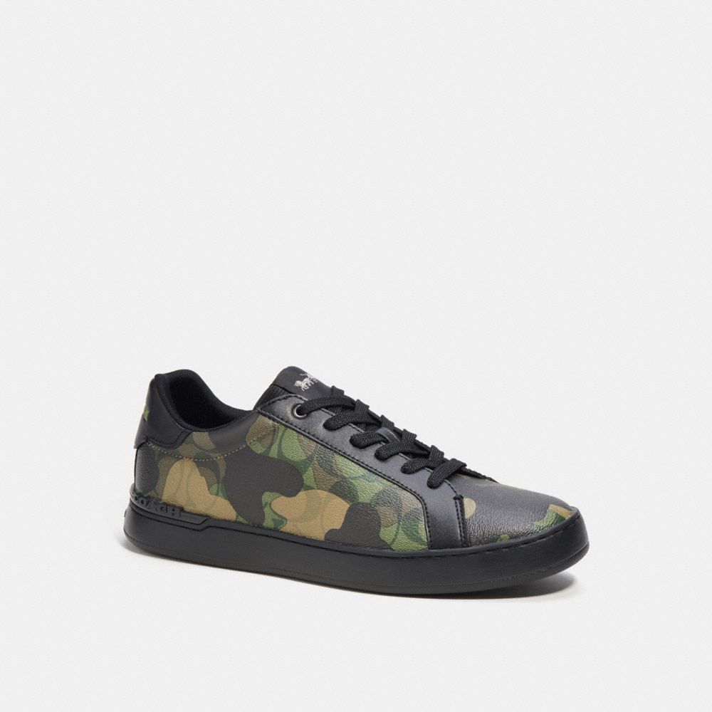 COACH®,CLIP LOW TOP SNEAKER IN SIGNATURE CANVAS WITH CAMO PRINT,Gunmetal/Green Multi,Front View