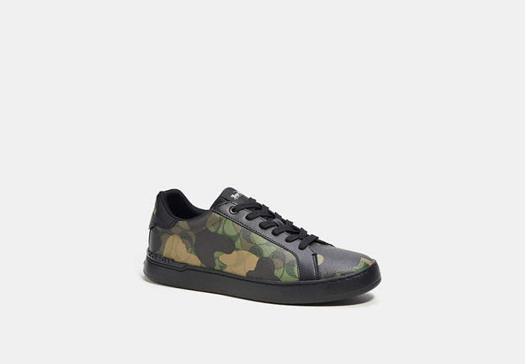 COACH®,CLIP LOW TOP SNEAKER IN SIGNATURE CANVAS WITH CAMO PRINT,Mixed Materials,Gunmetal/Green Multi,Front View image number 0