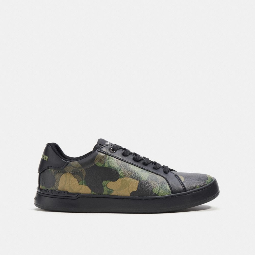 COACH®,CLIP LOW TOP SNEAKER IN SIGNATURE CANVAS WITH CAMO PRINT,Gunmetal/Green Multi,Angle View