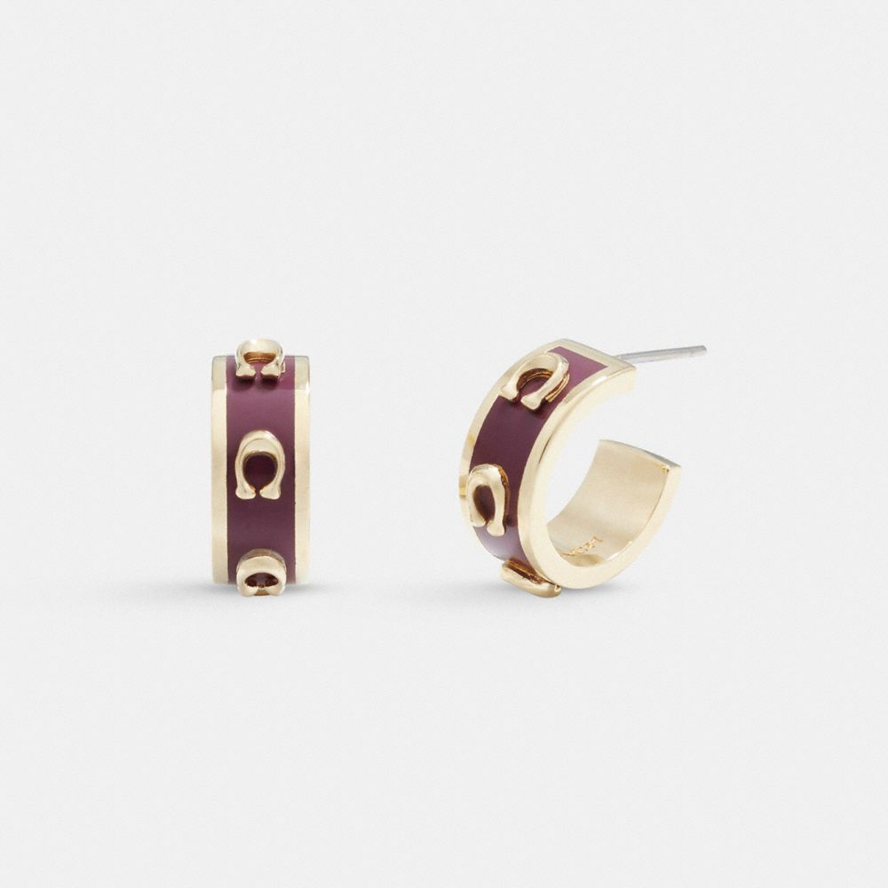 COACH®,PEGGED SIGNATURE HUGGIE EARRINGS,Gold/Wine,Front View