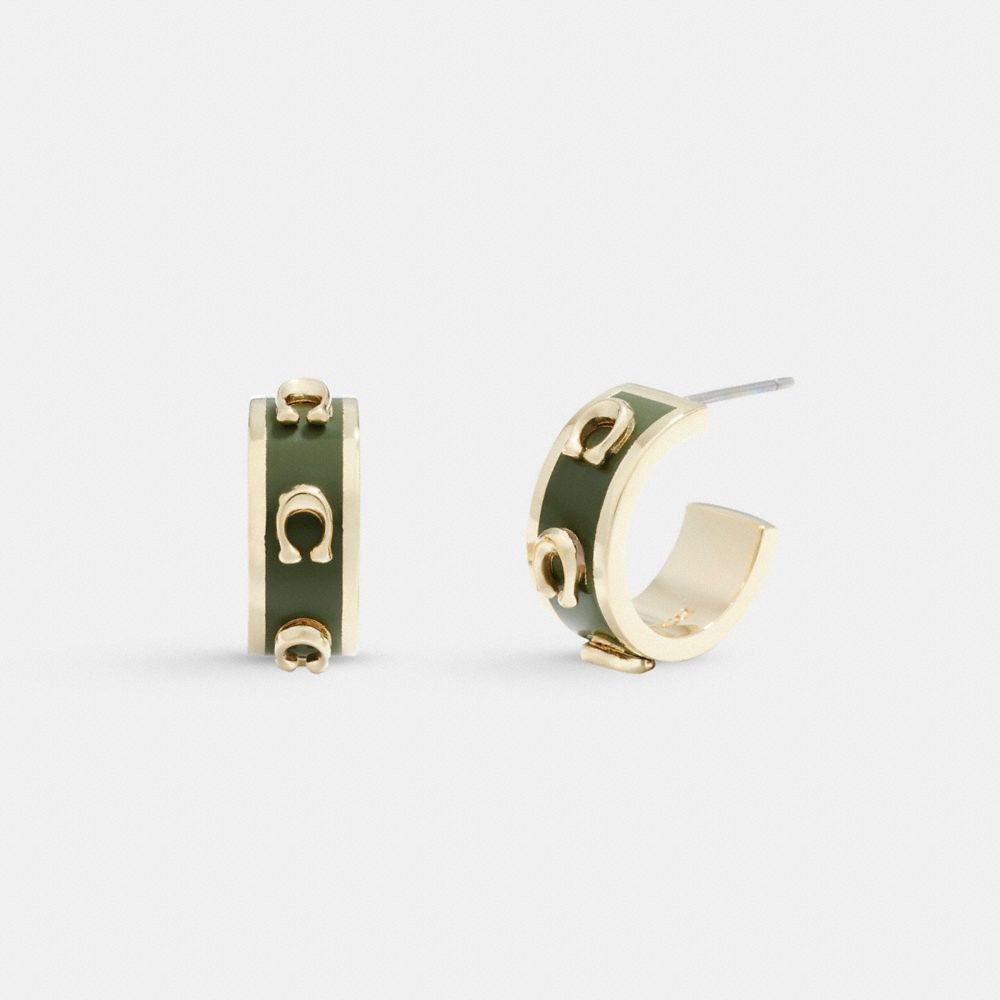 COACH®,PEGGED SIGNATURE HUGGIE EARRINGS,Gold/Amazon Green,Front View