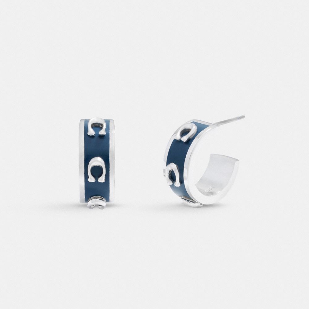 COACH®,PEGGED SIGNATURE HUGGIE EARRINGS,Silver/ Deep Blue,Front View
