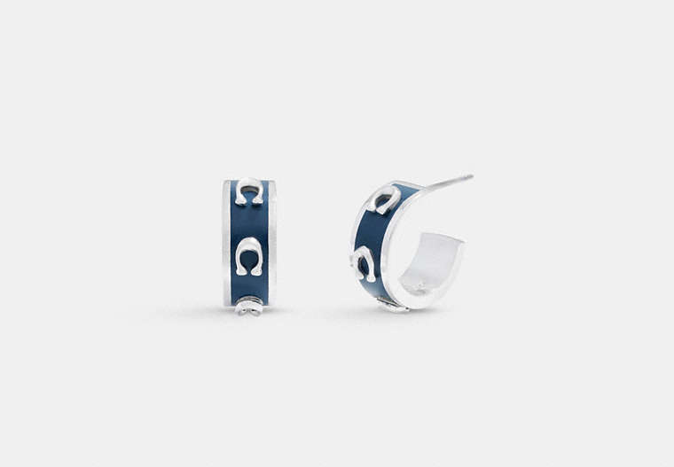 COACH®,PEGGED SIGNATURE HUGGIE EARRINGS,Silver/ Deep Blue,Front View image number 0