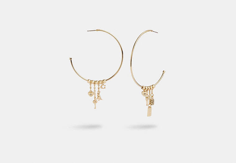 COACH®,MINI ICONIC CHARM HOOP EARRINGS,Plated Brass,Gold,Front View image number 0